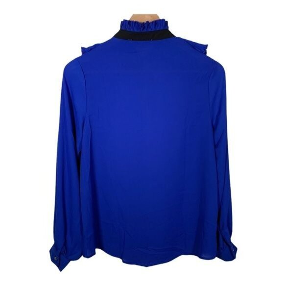 Haute Monde Blue Ruffle Long Sleeve Blouse Small Tie Neck - Picture 2 of 12
